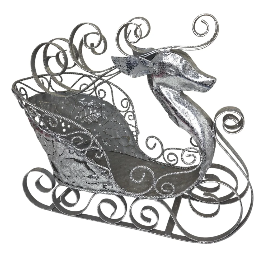 Silver Metal Reindeer Sleigh Christmas Holiday Decor‎ Centerpiece Vase Basket
